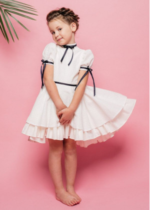 Ivory Cotton Flower Girl Dress With Navy Blue Bows
